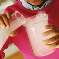 student pouring liquid into beaker